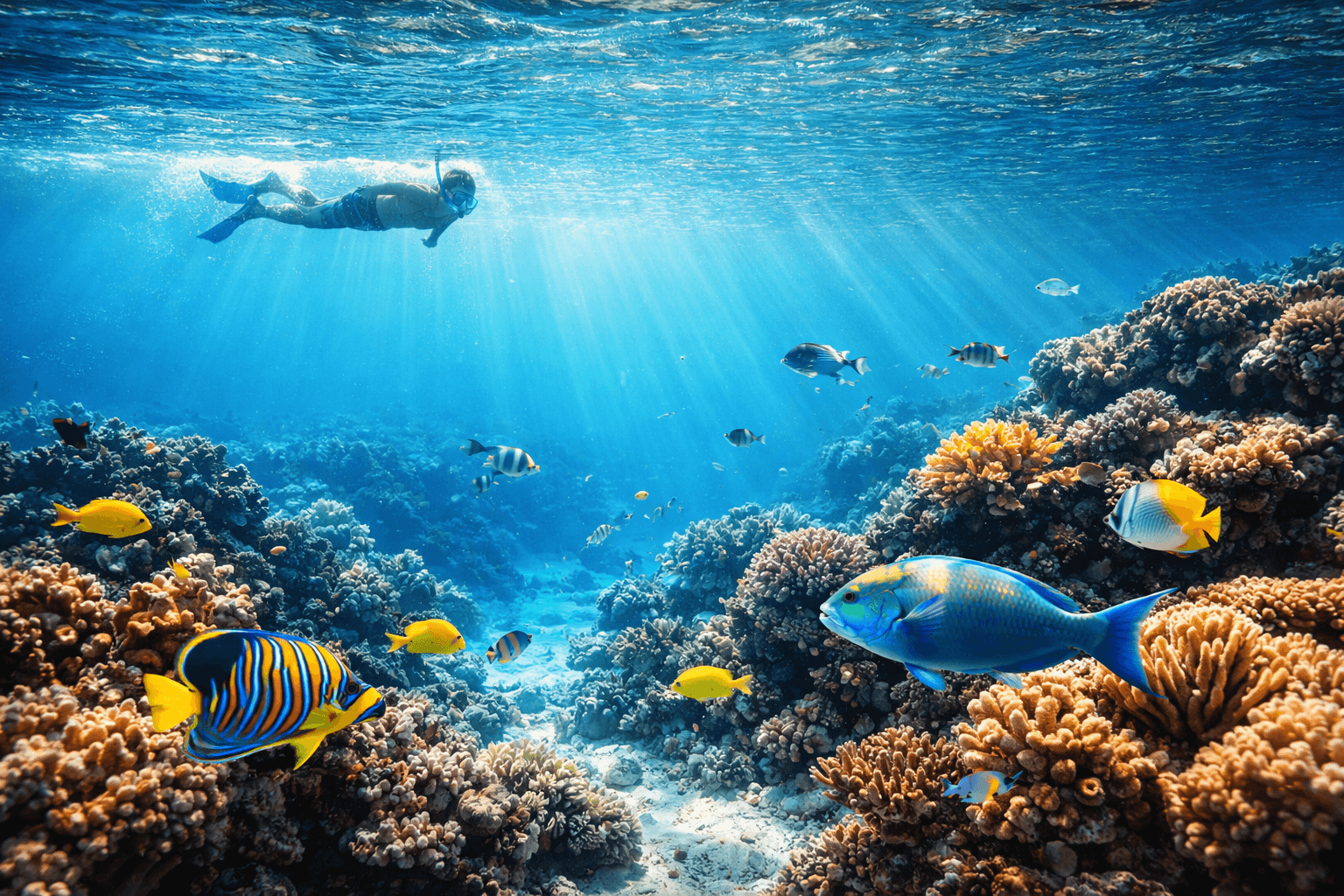 Snorkeling in coral reef with tropical fish